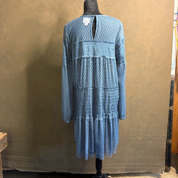 Maeve Anthropologie Blue Sheer Swiss Dot Embroidered Floral Dress XL Boho - Picture 5 of 10